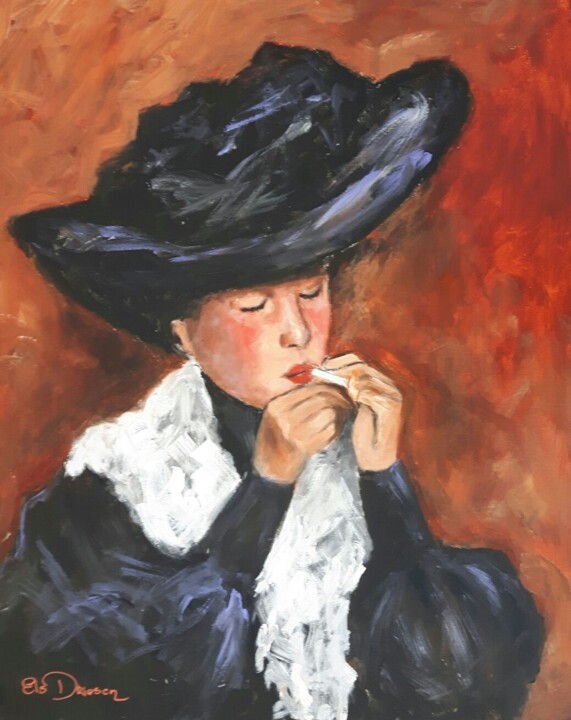 Painting titled "vrouw met sigaret" by Els Driesen, Original Artwork, Oil