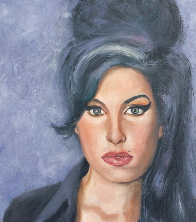 Painting titled "Amy winehouse" by Els Driesen, Original Artwork, Oil Mounted on Wood Stretcher frame