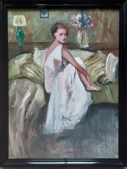 Painting titled "Waiting on the sofa" by Els Driesen, Original Artwork, Oil