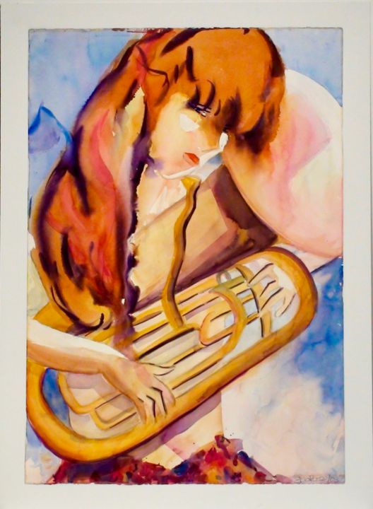 Painting titled "Angel con trompeta" by Elsa Russi, Original Artwork, Watercolor