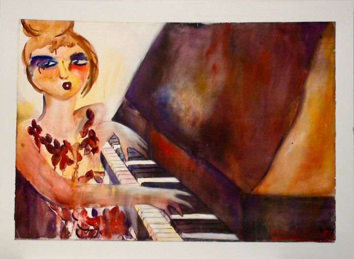 Painting titled "Concierto de piano" by Elsa Russi, Original Artwork, Watercolor