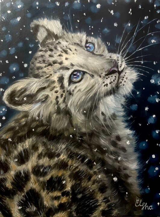 Painting titled "Snow leopard cub" by Elena Ushanova, Original Artwork, Oil Mounted on Wood Stretcher frame