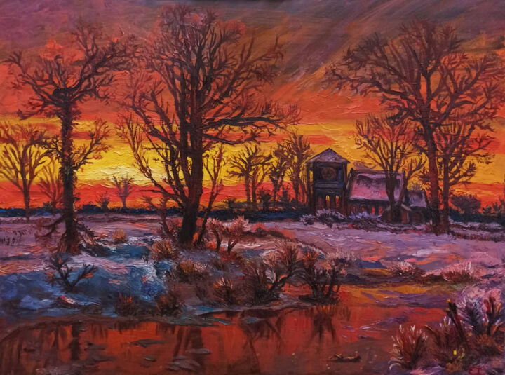 Peinture intitulée "Winter Sunset" par Elvi Ismailaga, Œuvre d'art originale, Huile