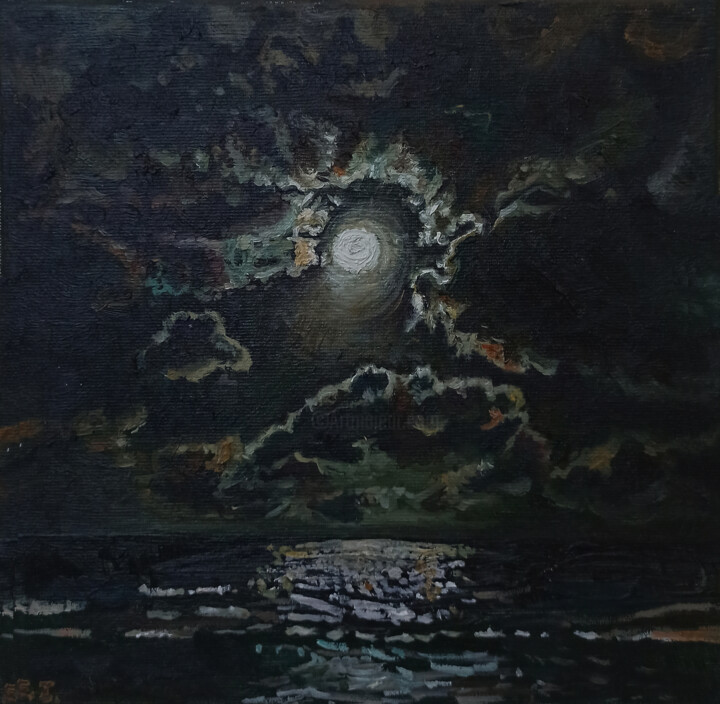 Картина под названием "Full Moon above the…" - Elvi Ismailaga, Подлинное произведение искусства, Масло