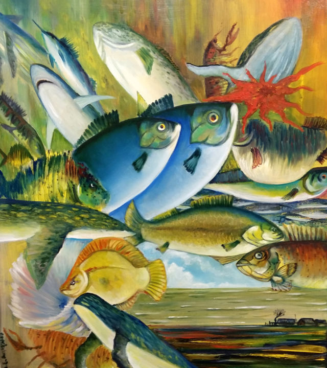 Painting titled "Ocean. A fish. Comp…" by Victor Vinogradov, Original Artwork, Oil