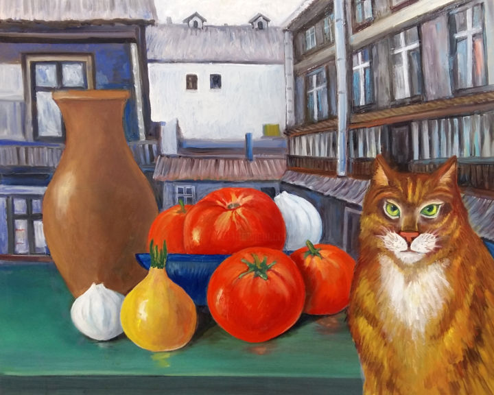 Painting titled "With a cat. Composi…" by Victor Vinogradov, Original Artwork, Oil