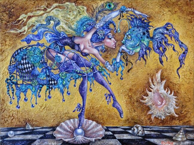 Malerei mit dem Titel "Spirit of Blue Fish" von Elvira Baranova, Original-Kunstwerk, Andere