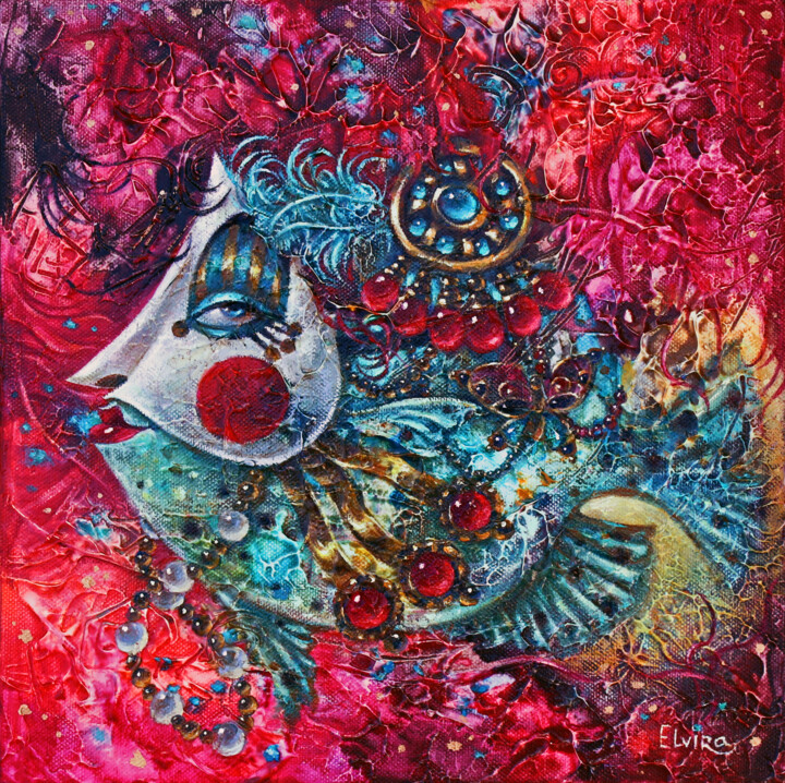 Painting titled "Fish of Inspiration" by Elvira Baranova, Original Artwork, Oil Mounted on Wood Stretcher frame