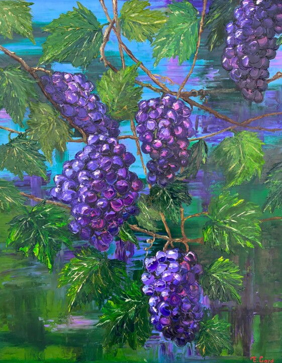 Painting titled "Grapes" by Elvira Gord, Original Artwork, Oil Mounted on Wood Stretcher frame