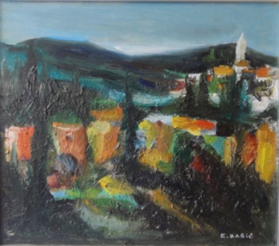 Painting titled "DALMATIAN VILLAGE" by Elvira Basic, Original Artwork, Oil Mounted on Wood Stretcher frame