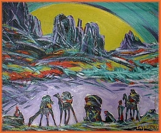 Peinture intitulée "Halte de la caravane" par Lazhar Rekibi, Œuvre d'art originale,