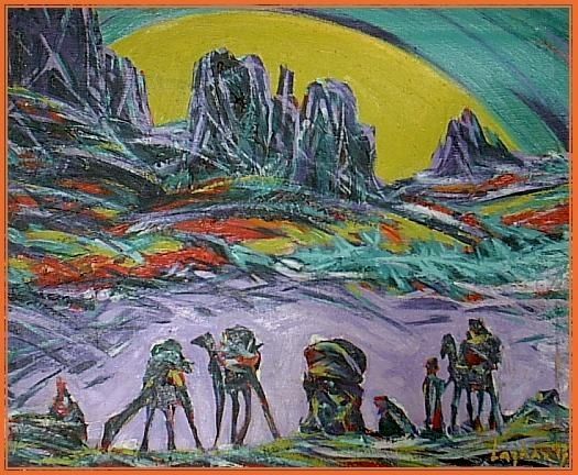 Peinture intitulée "Halte de la caravane" par Lazhar Rekibi, Œuvre d'art originale