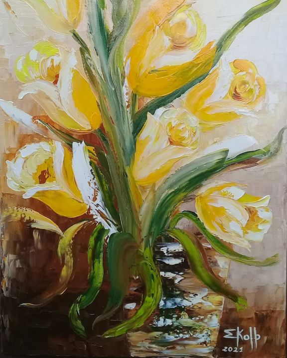 Painting titled "Tulipas Amarelas" by Elza Kolb, Original Artwork, Stained glass painting