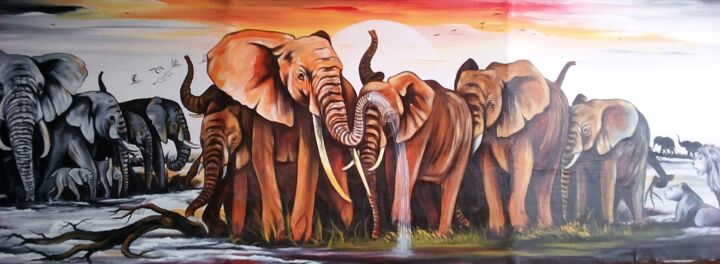 Painting titled "African elephants i…" by Ema Kato, Original Artwork, Acrylic