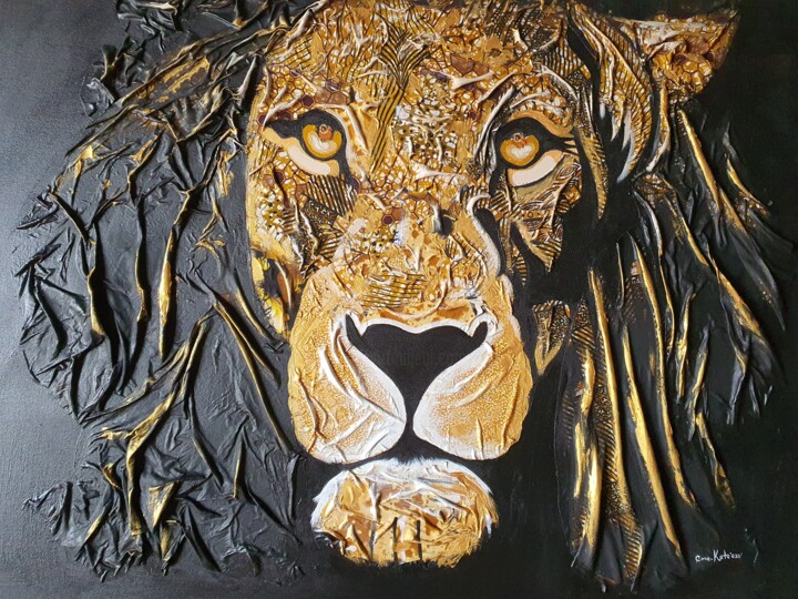 Collagen mit dem Titel "Lion King" von Ema Kato, Original-Kunstwerk, Acryl