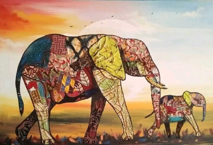 Painting titled "Mother elephant" by Ema Kato, Original Artwork, Acrylic