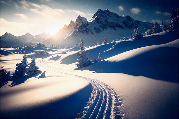 Digital Arts titled "Winter mountains, s…" by Emaga Travels By Emaga Art, Original Artwork, AI generated image
