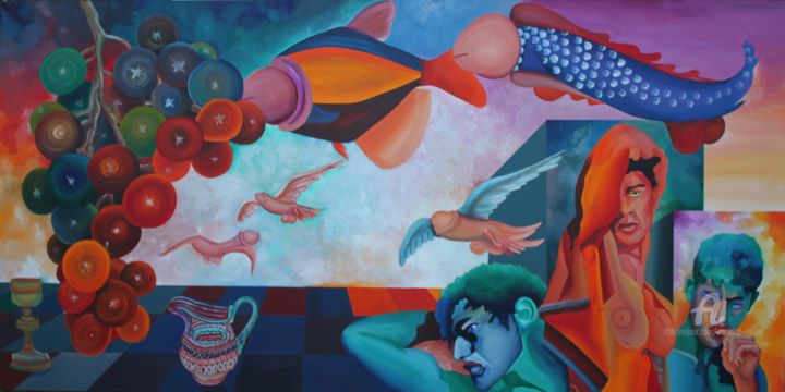 Картина под названием "DEUS BACO" - Emanuel Aguiar, Подлинное произведение искусства, Масло