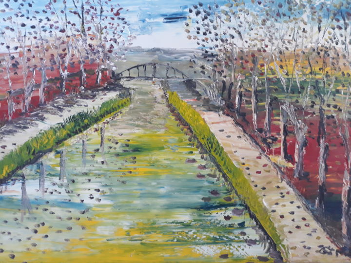 Painting titled "canal en couleurs" by Oeilme, Original Artwork, Oil Mounted on Wood Stretcher frame