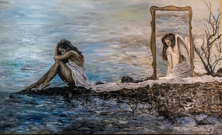 Painting titled "A fall from grace" by Ember Fricks, Original Artwork, Oil Mounted on Wood Stretcher frame
