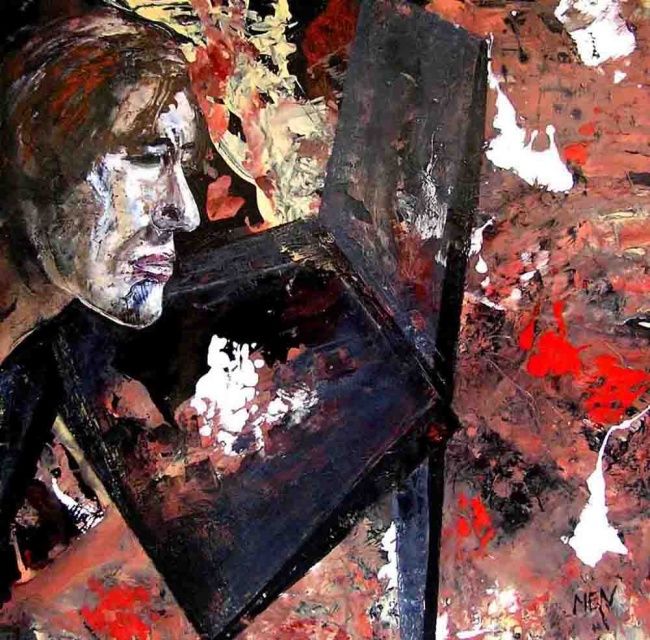 Peinture intitulée "sad artist with a b…" par Evguenia Men, Œuvre d'art originale, Huile