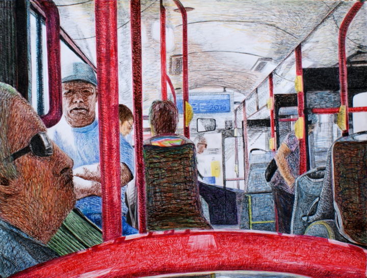 Drawing titled "On the 75 troley II." by Emese Bács, Original Artwork, Ink