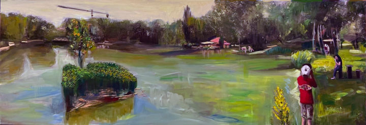 Painting titled "Old lake in Alsóném…" by Emese Bács, Original Artwork, Oil Mounted on Wood Stretcher frame