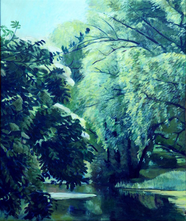 Malerei mit dem Titel "Lake in Biotop" von Emilia Amaro, Original-Kunstwerk, Acryl