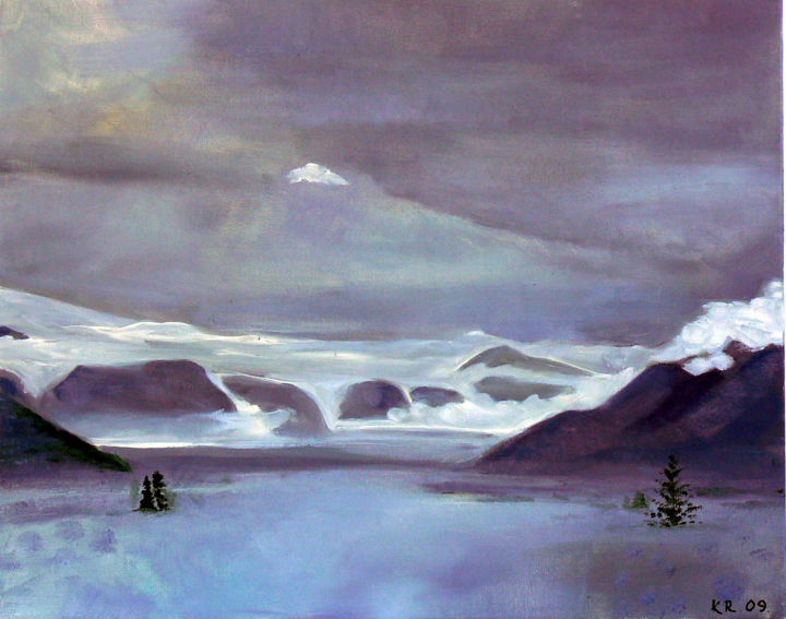Painting titled "Foggy above Bozen" by Emilia Amaro, Original Artwork, Oil