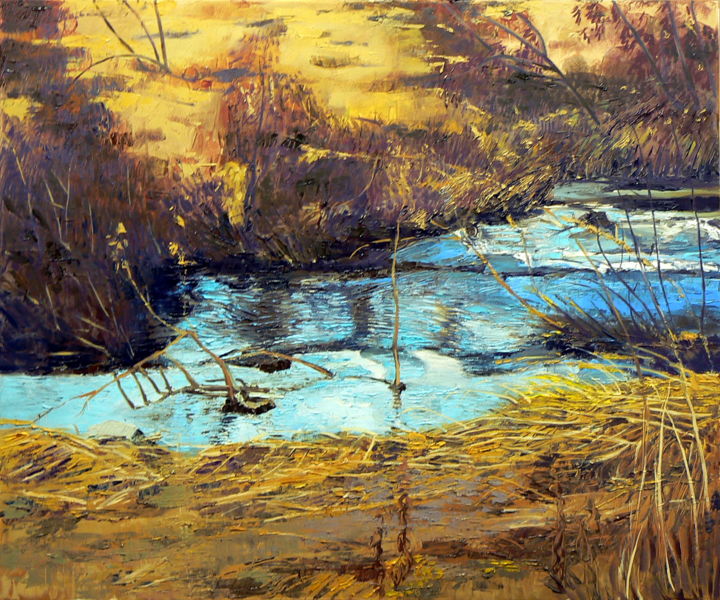 Malerei mit dem Titel "Brooklet in January" von Emilia Amaro, Original-Kunstwerk, Öl