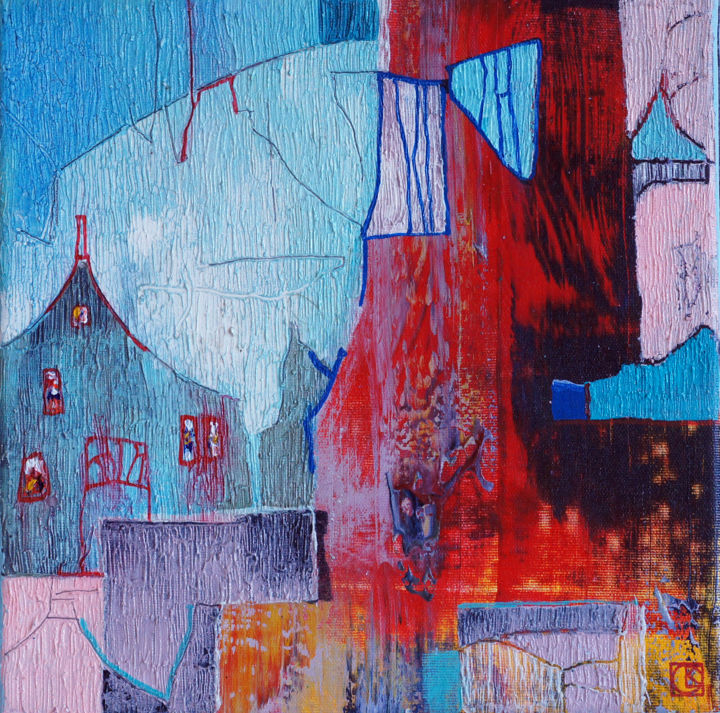 Painting titled "Old city Original…" by Emil Hasenrick, Original Artwork, Acrylic Mounted on Other rigid panel