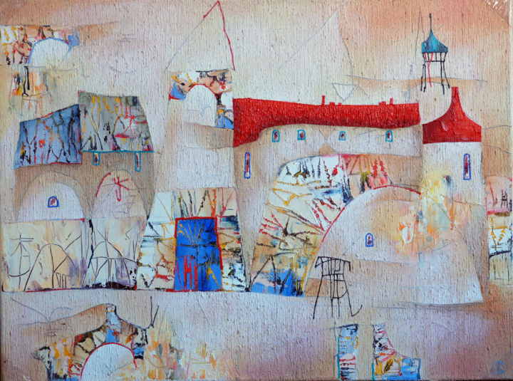 Painting titled "Old city Original…" by Emil Hasenrick, Original Artwork, Acrylic Mounted on Other rigid panel