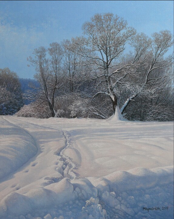 Painting titled "Fresh snow" by Emil Mlynarcik, Original Artwork, Oil Mounted on Wood Stretcher frame