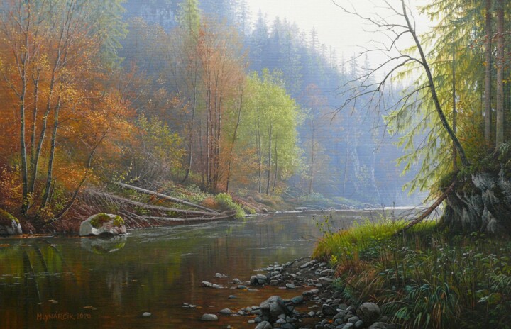 Painting titled "Autumn at river" by Emil Mlynarcik, Original Artwork, Oil Mounted on Wood Stretcher frame