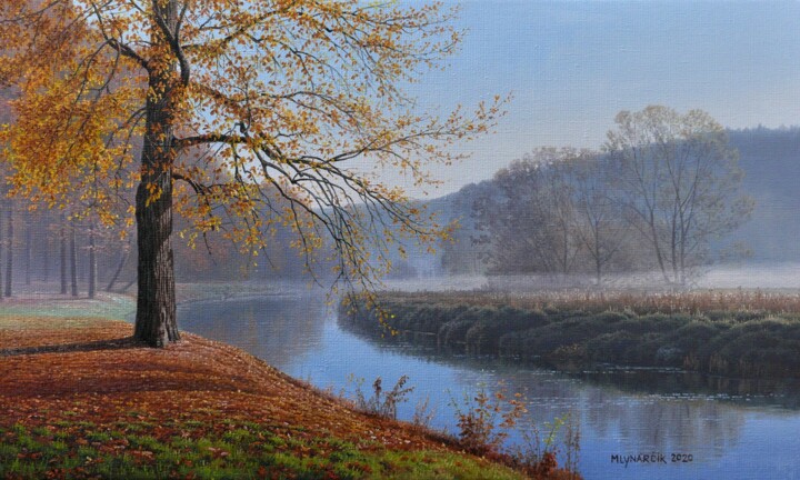 Painting titled "Autumn fog by the r…" by Emil Mlynarcik, Original Artwork, Oil Mounted on Wood Stretcher frame
