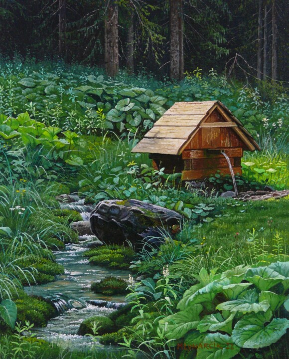 Pintura intitulada "Forest well" por Emil Mlynarcik, Obras de arte originais, Óleo Montado em Armação em madeira