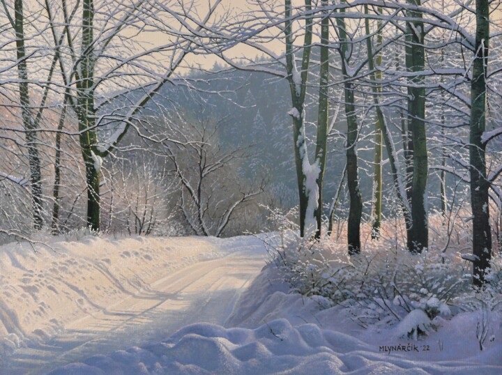 Painting titled "Trees after snowfall" by Emil Mlynarcik, Original Artwork, Oil Mounted on Wood Stretcher frame
