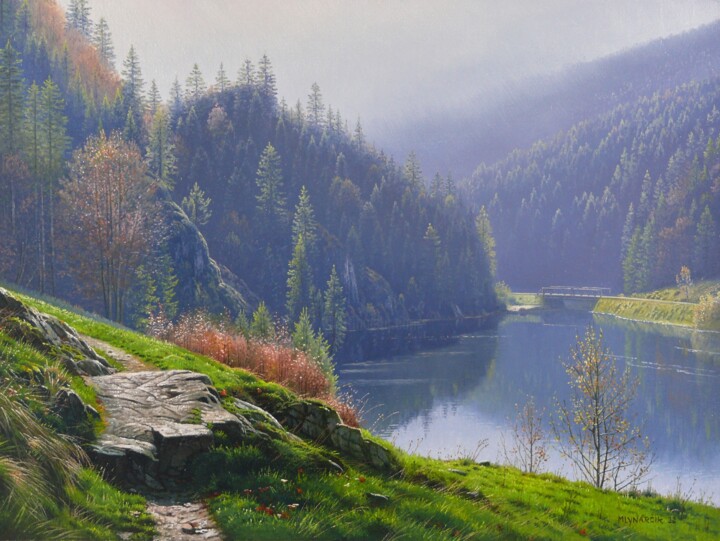 Painting titled "Autumn morning by t…" by Emil Mlynarcik, Original Artwork, Oil Mounted on Wood Stretcher frame