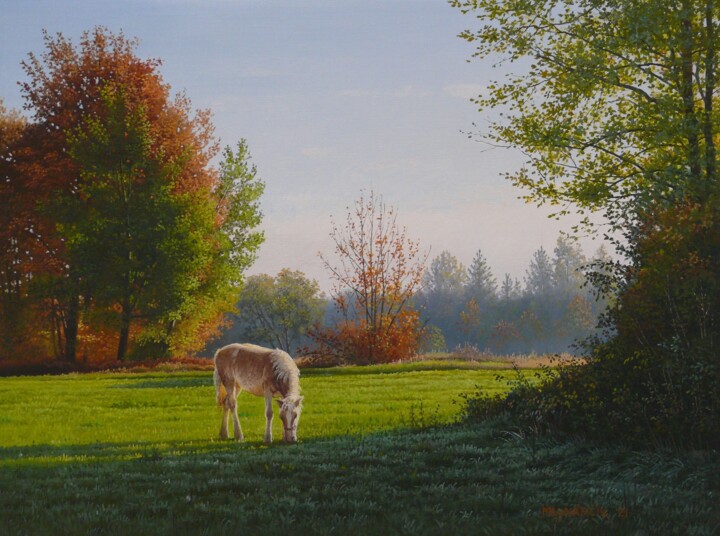 Painting titled "Horse on pasture" by Emil Mlynarcik, Original Artwork, Oil Mounted on Wood Stretcher frame