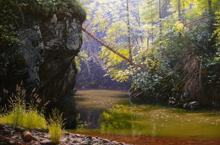 Peinture intitulée "Sunny day by the mo…" par Emil Mlynarcik, Œuvre d'art originale, Huile Monté sur Châssis en bois