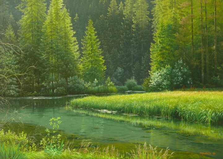 Painting titled "Forgotten pond" by Emil Mlynarcik, Original Artwork, Oil Mounted on Wood Stretcher frame