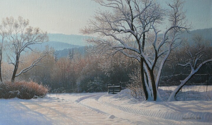 Painting titled "Imprint in the snow" by Emil Mlynarcik, Original Artwork, Oil Mounted on Wood Stretcher frame