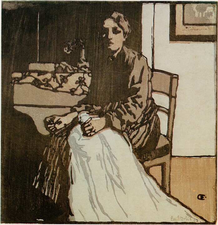 Incisioni, stampe intitolato "La fille qui coud" da Emil Orlik, Opera d'arte originale, incisione