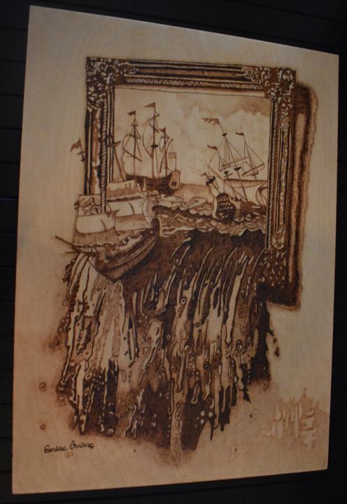 Painting titled "Ship in the Storm" by Emilano Arts, Original Artwork, Wood
