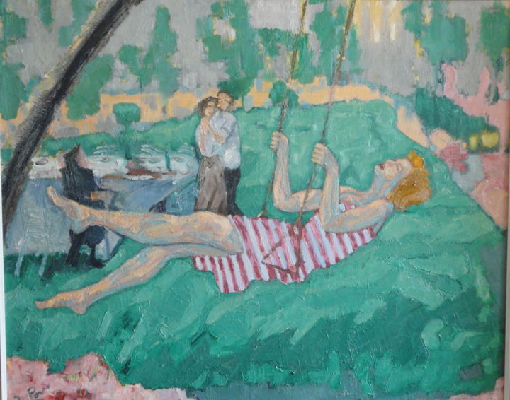 Painting titled "La balançoire" by Emile Paya, Original Artwork, Oil Mounted on Wood Stretcher frame