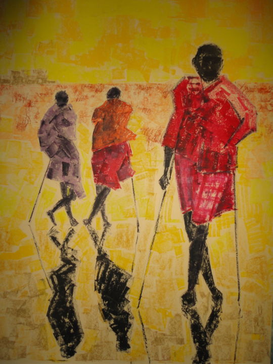 Tekening getiteld "Bergers Massaï" door Emile Paya, Origineel Kunstwerk, Pastel