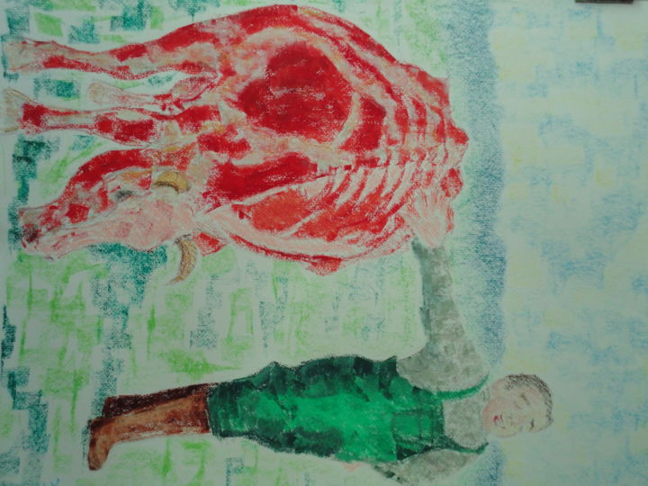 Pittura intitolato ""Viande sur pied"" da Emile Paya, Opera d'arte originale, Pastello