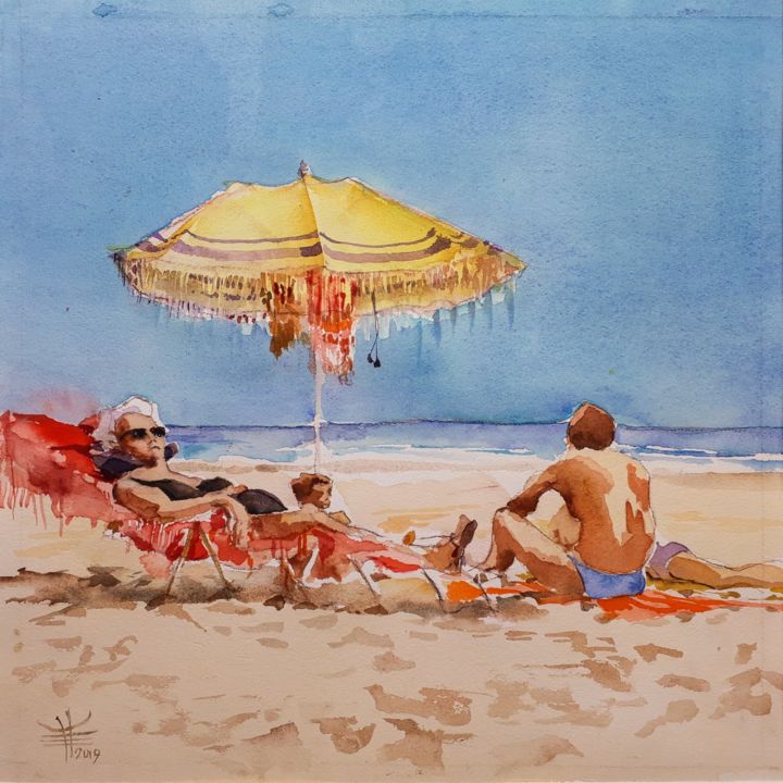 Schilderij getiteld "sur la plage" door Émile Thibaut, Origineel Kunstwerk, Aquarel