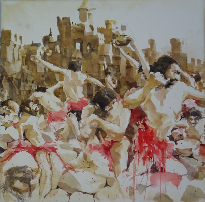 Peinture intitulée "Scène de bataille a…" par Émile Thibaut, Œuvre d'art originale, Aquarelle Monté sur Châssis en bois