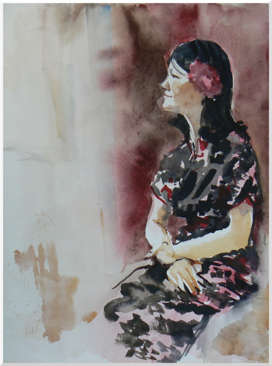 Malerei mit dem Titel "femme assise en kim…" von Émile Thibaut, Original-Kunstwerk, Aquarell